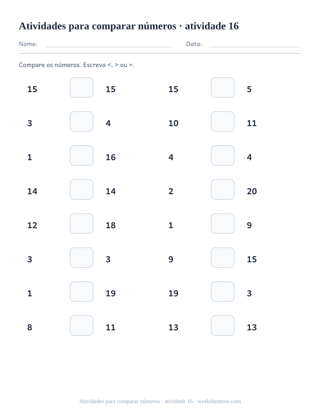 Prévia de Atividades para comparar números, atividade 16 para imprimir