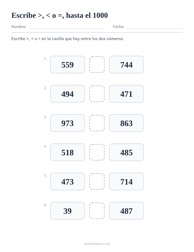 Ficha de mayor que y menor que, escribe el símbolo >, < o = entre dos números hasta el 1000