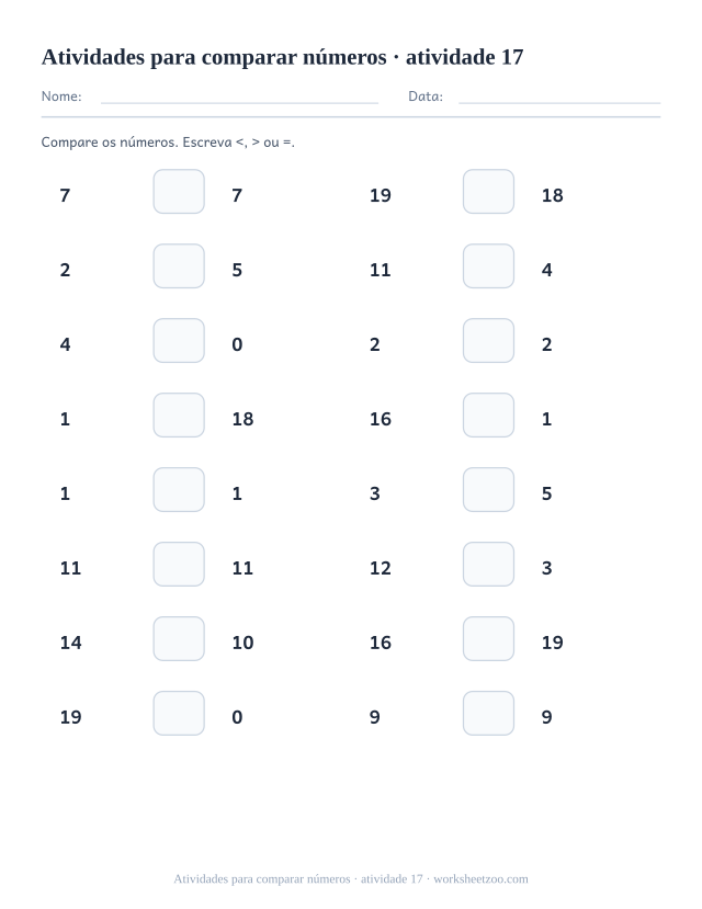 Prévia de Atividades para comparar números, atividade 17 para imprimir