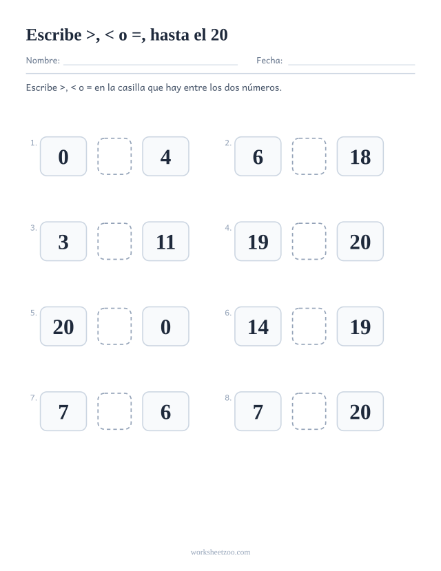 Ficha de mayor que y menor que, escribe el símbolo >, < o = entre dos números hasta el 20