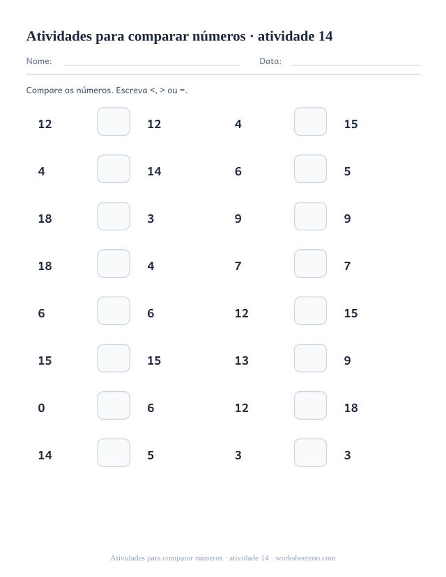 Prévia de Atividades para comparar números, atividade 14 para imprimir