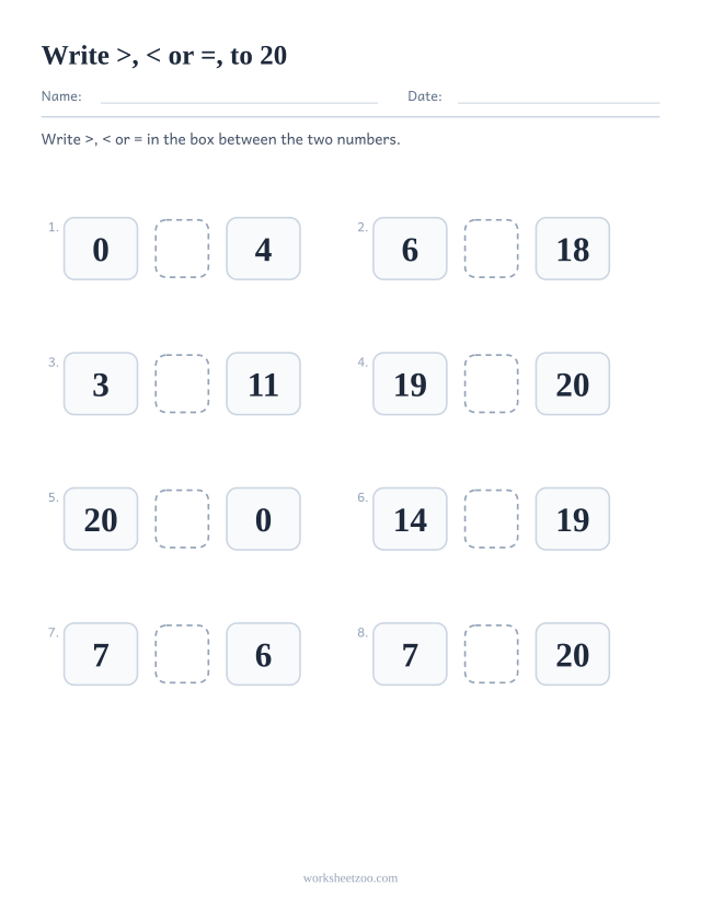 Greater than less than worksheet, write the >, < or = symbol between two numbers to 20
