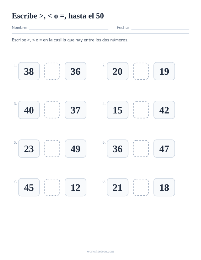 Ficha de mayor que y menor que, escribe el símbolo >, < o = entre dos números hasta el 50