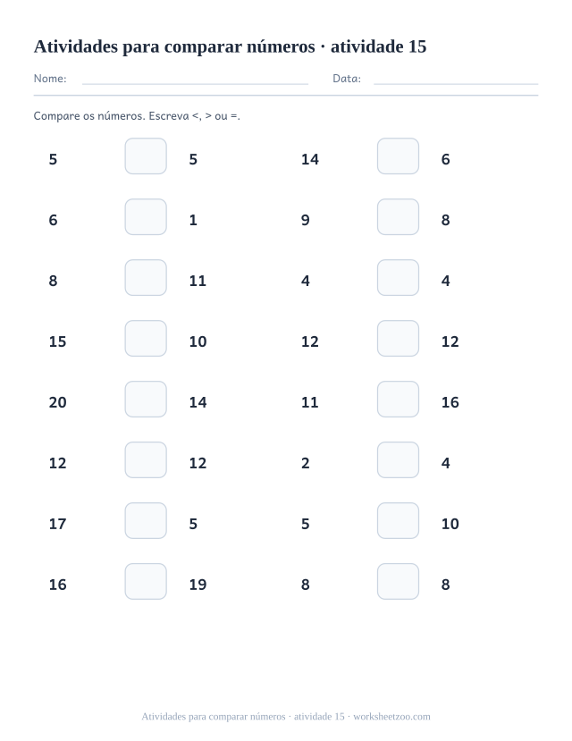 Prévia de Atividades para comparar números, atividade 15 para imprimir