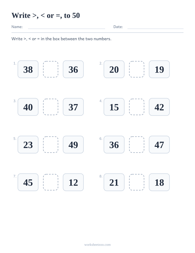 Greater than less than worksheet, write the >, < or = symbol between two numbers to 50