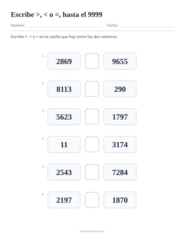 Ficha de mayor que y menor que, escribe el símbolo >, < o = entre dos números hasta el 9999