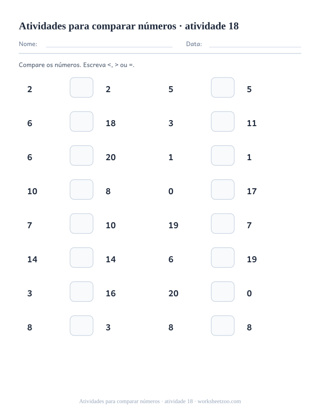Prévia de Atividades para comparar números, atividade 18 para imprimir