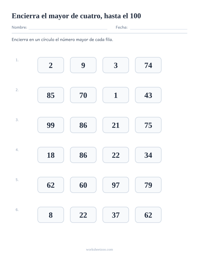 Ficha para comparar números, cuatro números hasta el 100 por fila y el mayor para encerrar