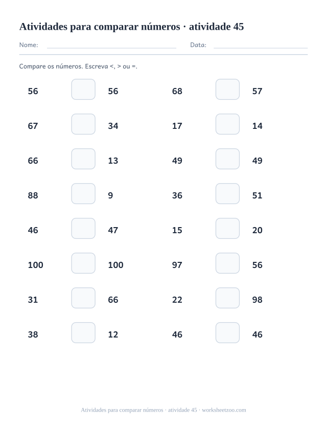 Prévia de Atividades para comparar números, atividade 45 para imprimir