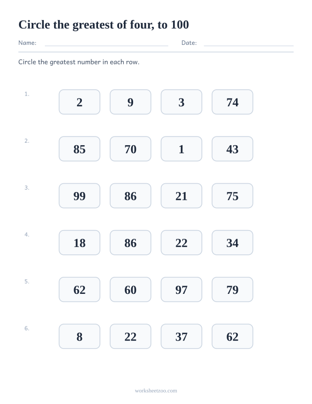 Comparing numbers worksheet, four numbers to 100 per row and the greatest one to circle
