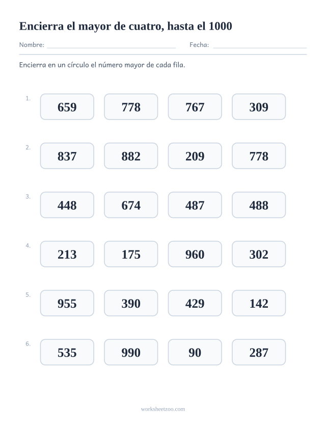 Ficha para comparar números, cuatro números hasta el 1000 por fila y el mayor para encerrar