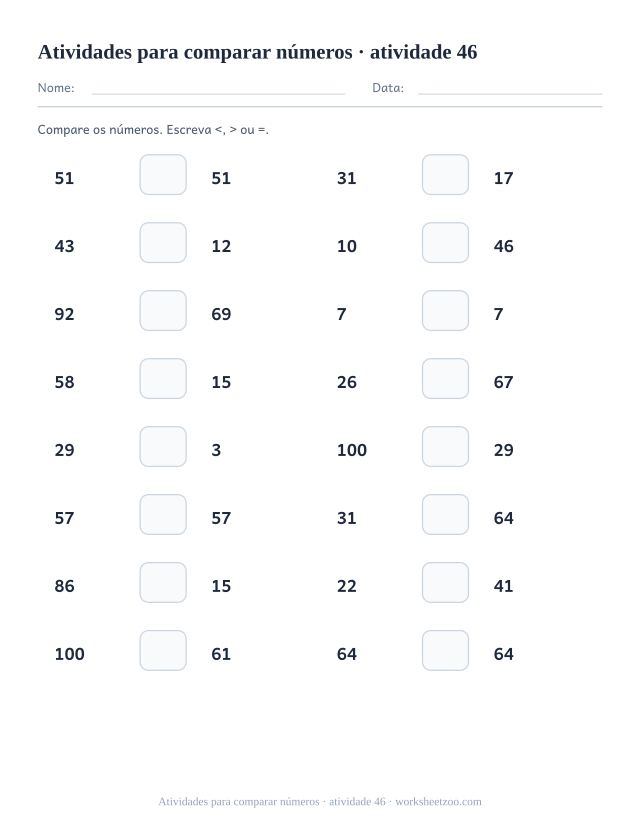 Prévia de Atividades para comparar números, atividade 46 para imprimir