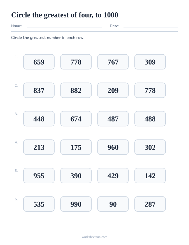Comparing numbers worksheet, four numbers to 1000 per row and the greatest one to circle