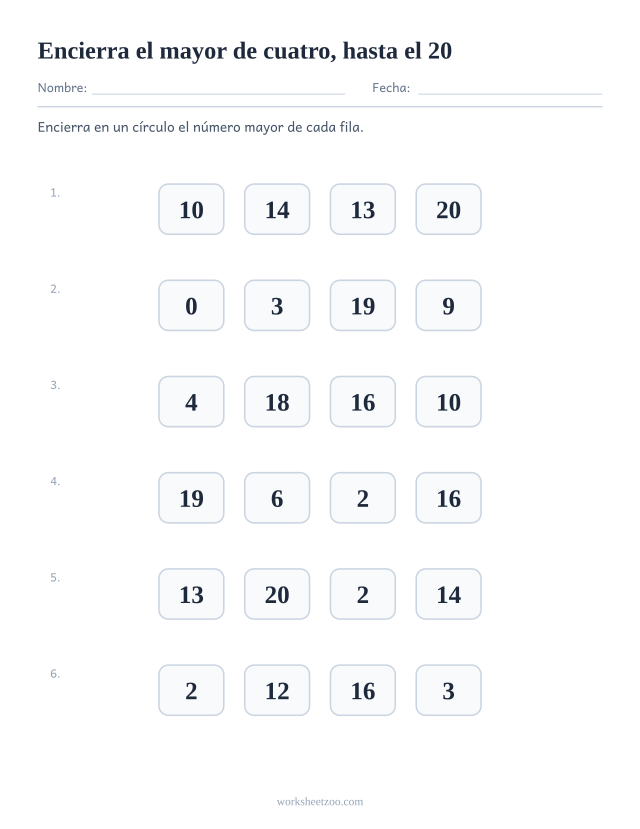 Ficha para comparar números, cuatro números hasta el 20 por fila y el mayor para encerrar