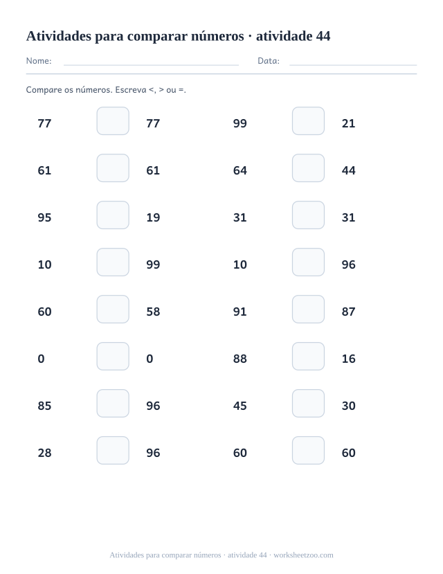 Prévia de Atividades para comparar números, atividade 44 para imprimir