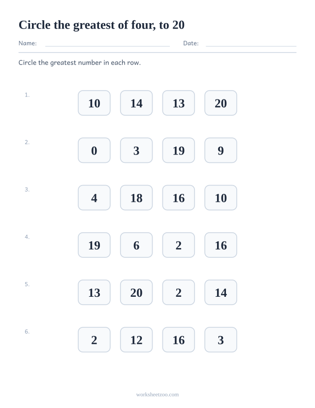 Comparing numbers worksheet, four numbers to 20 per row and the greatest one to circle