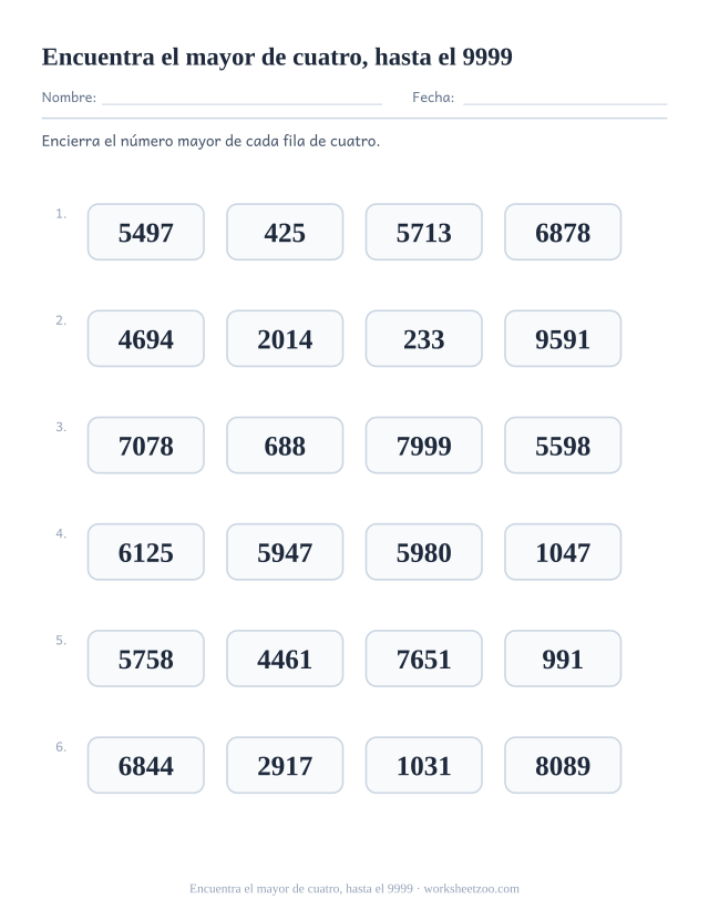 Ficha para comparar números, encierra el mayor de cuatro números hasta el 9999