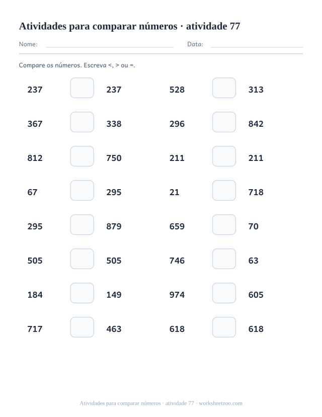 Prévia de Atividades para comparar números, atividade 77 para imprimir