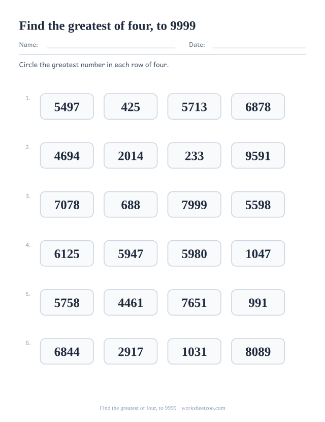 Comparing numbers worksheet, circle the greatest of four numbers up to 9999