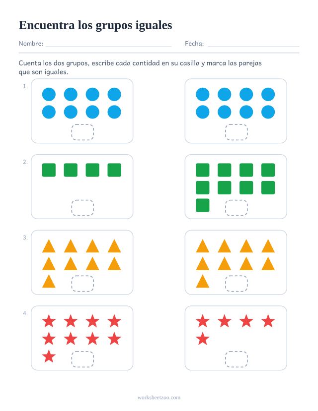 Ficha para comparar grupos de objetos con una casilla de cantidad bajo cada grupo, versión equal