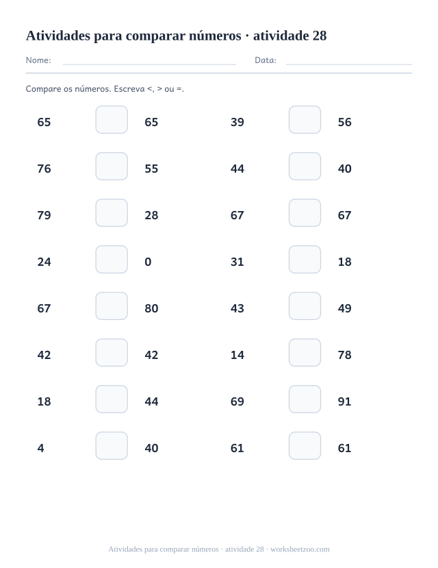 Prévia de Atividades para comparar números, atividade 28 para imprimir