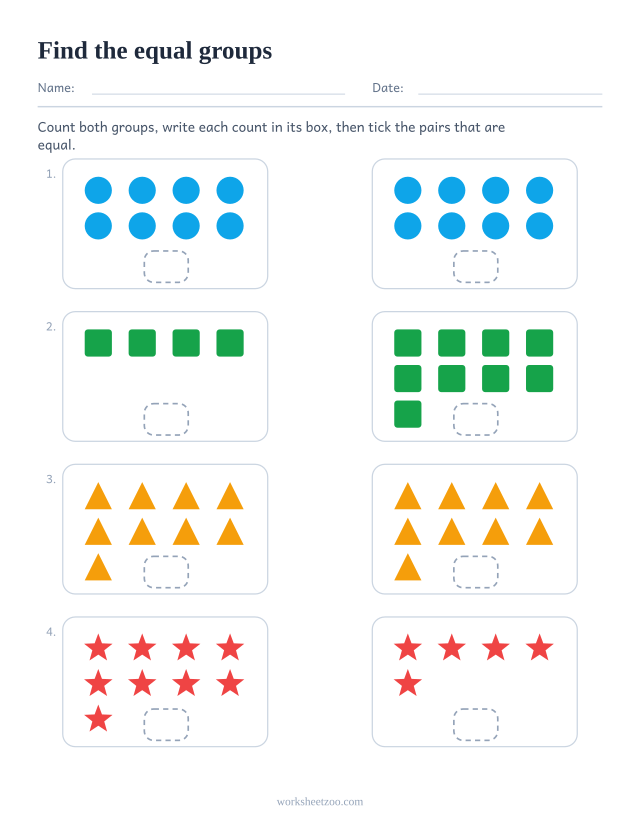 Comparing groups of objects worksheet with a count box under each group, equal version