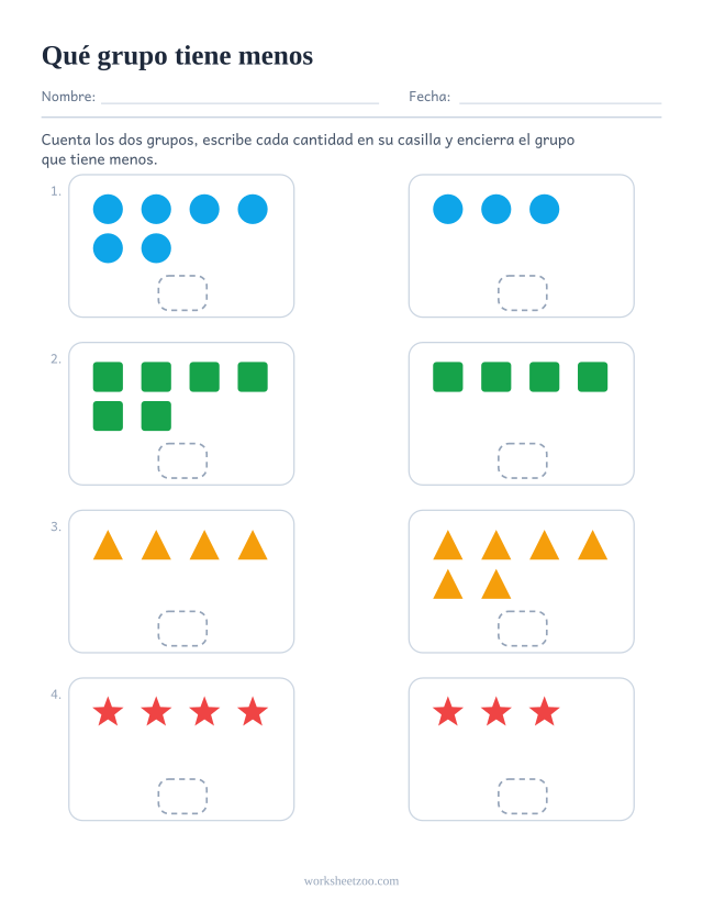 Ficha para comparar grupos de objetos con una casilla de cantidad bajo cada grupo, versión fewer