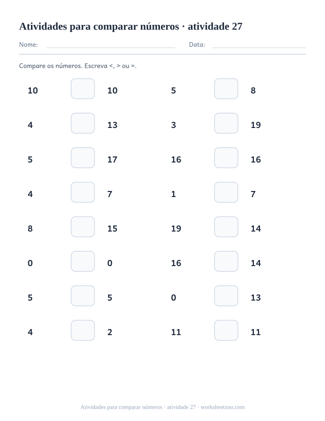 Prévia de Atividades para comparar números, atividade 27 para imprimir