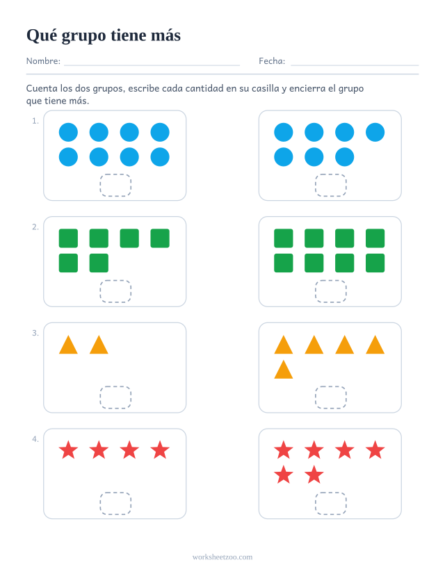 Ficha para comparar grupos de objetos con una casilla de cantidad bajo cada grupo, versión more