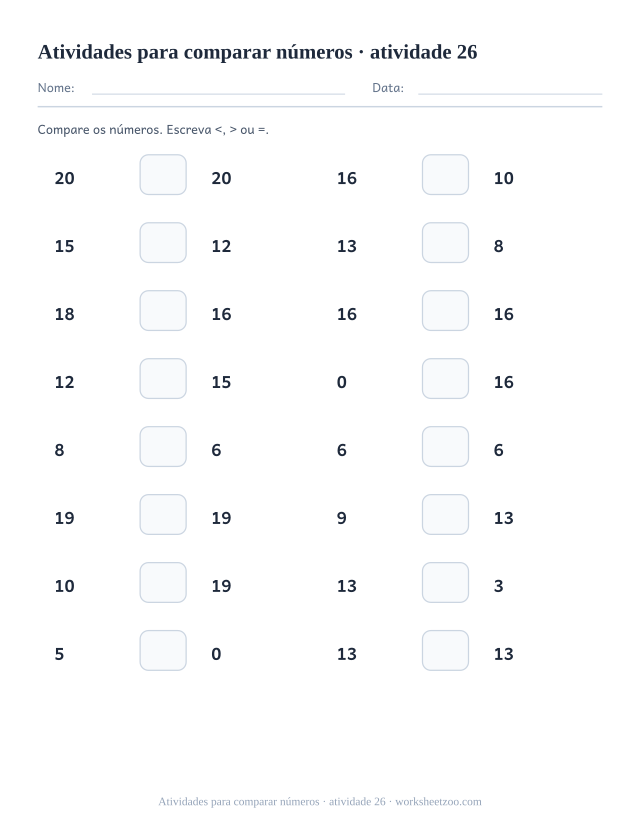 Prévia de Atividades para comparar números, atividade 26 para imprimir