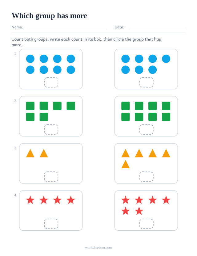Comparing groups of objects worksheet with a count box under each group, more version