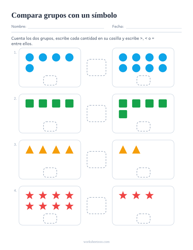 Ficha para comparar grupos de objetos con una casilla de cantidad bajo cada grupo, versión symbol
