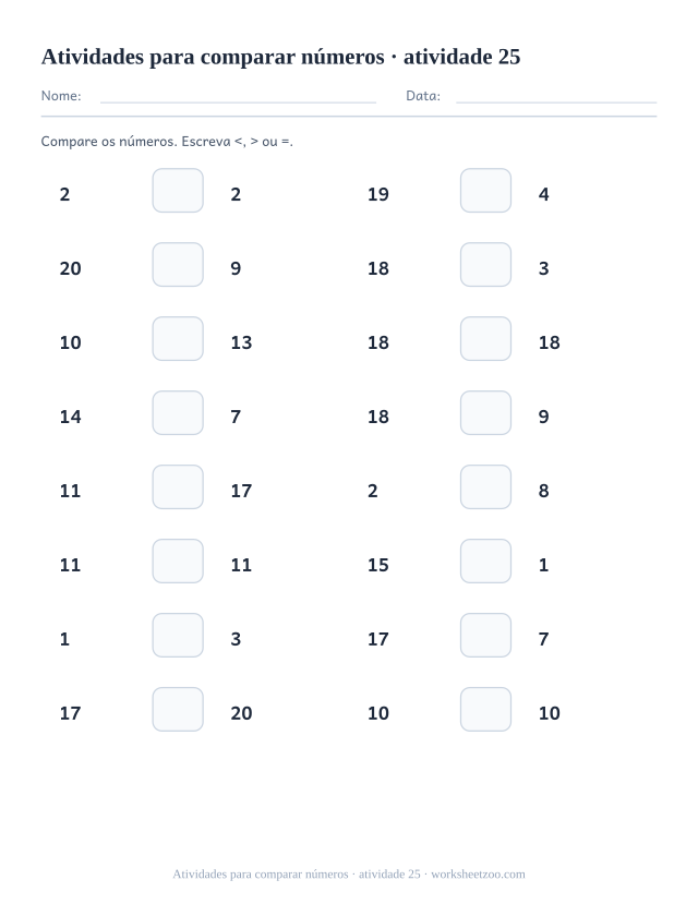 Prévia de Atividades para comparar números, atividade 25 para imprimir
