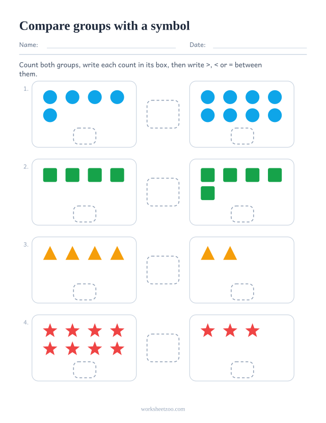 Comparing groups of objects worksheet with a count box under each group, symbol version