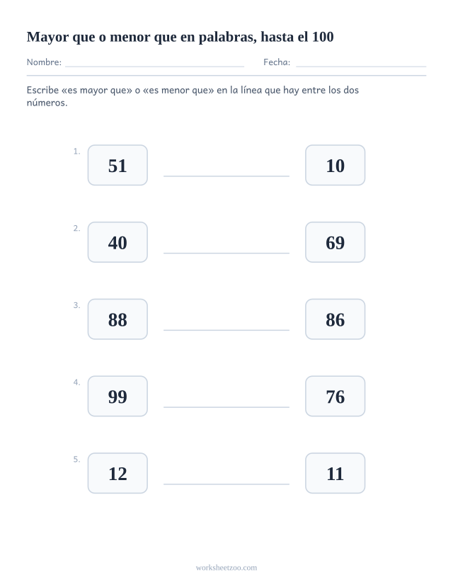 Ficha para comparar números con una línea entre dos números hasta el 100 donde escribir mayor que o menor que