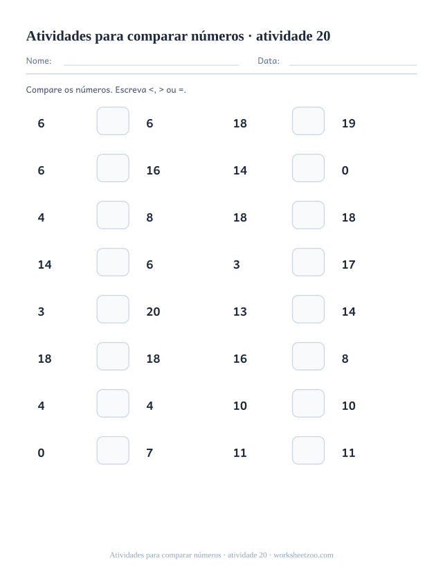 Prévia de Atividades para comparar números, atividade 20 para imprimir