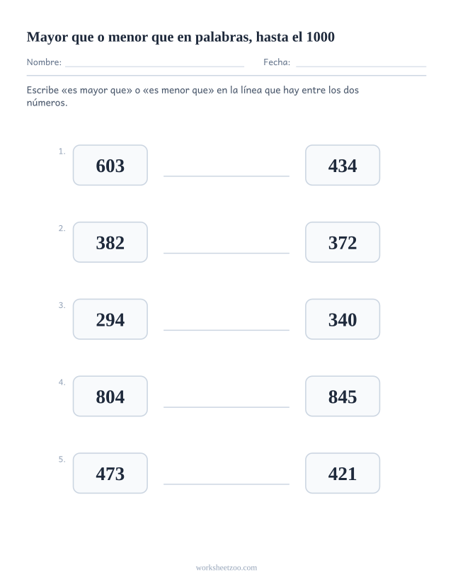 Ficha para comparar números con una línea entre dos números hasta el 1000 donde escribir mayor que o menor que