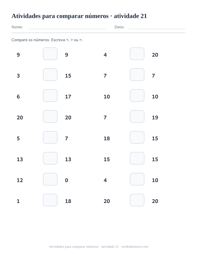 Prévia de Atividades para comparar números, atividade 21 para imprimir