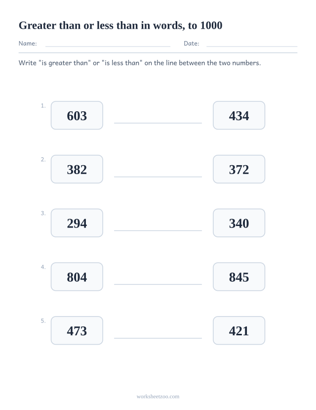Comparing numbers worksheet with a writing line between two numbers to 1000 for the words greater than or less than