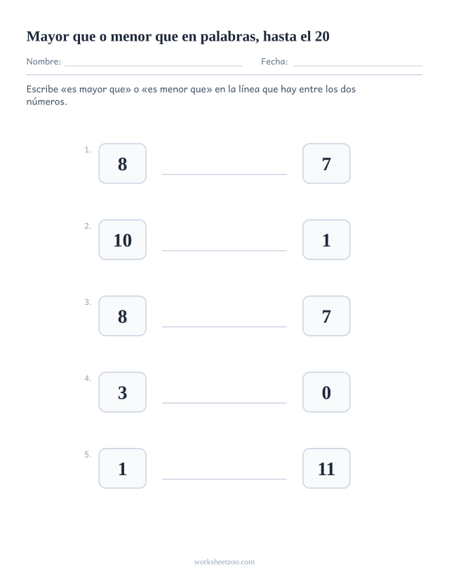 Ficha para comparar números con una línea entre dos números hasta el 20 donde escribir mayor que o menor que