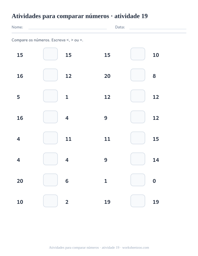Prévia de Atividades para comparar números, atividade 19 para imprimir