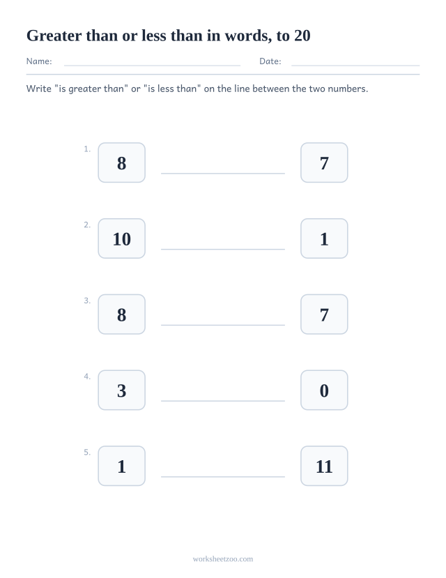 Comparing numbers worksheet with a writing line between two numbers to 20 for the words greater than or less than