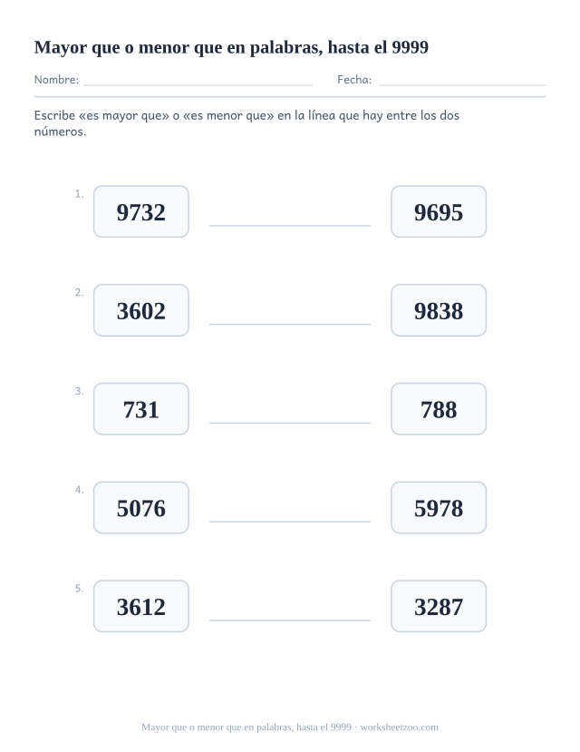 Ficha para comparar números, escribe la comparación con palabras entre dos números de cuatro cifras