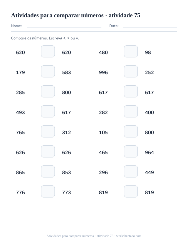 Prévia de Atividades para comparar números, atividade 75 para imprimir