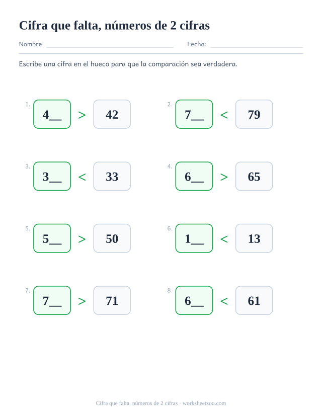 Ficha para comparar números con una cifra que falta en números de 2 cifras para que la comparación sea verdadera