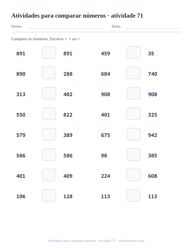 Prévia de Atividades para comparar números, atividade 71 para imprimir