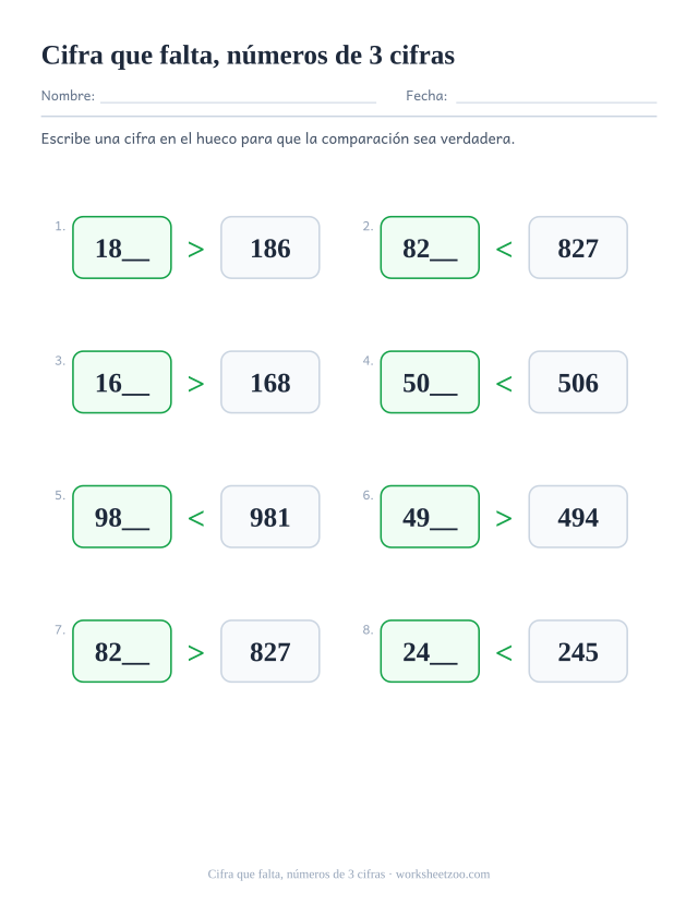 Ficha para comparar números con una cifra que falta en números de 3 cifras para que la comparación sea verdadera