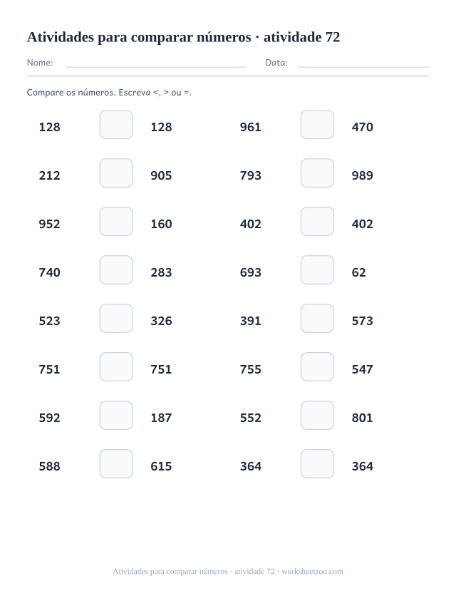 Prévia de Atividades para comparar números, atividade 72 para imprimir