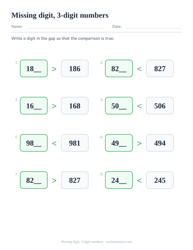 Comparing numbers worksheet with a missing digit in 3-digit numbers to make the comparison true