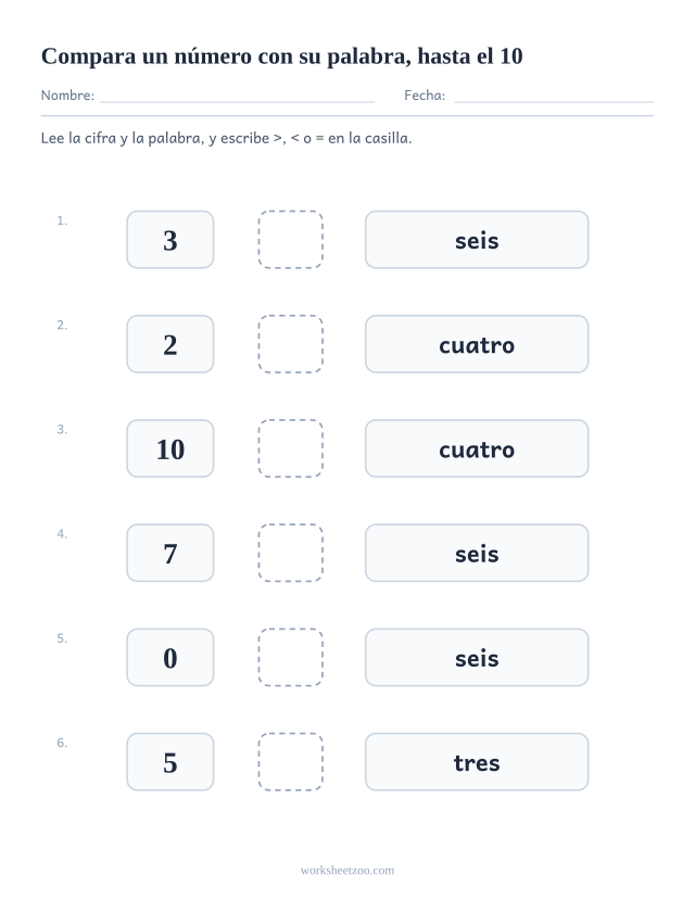 Ficha para comparar números con una cifra a un lado y el número escrito con letras hasta el 10 al otro